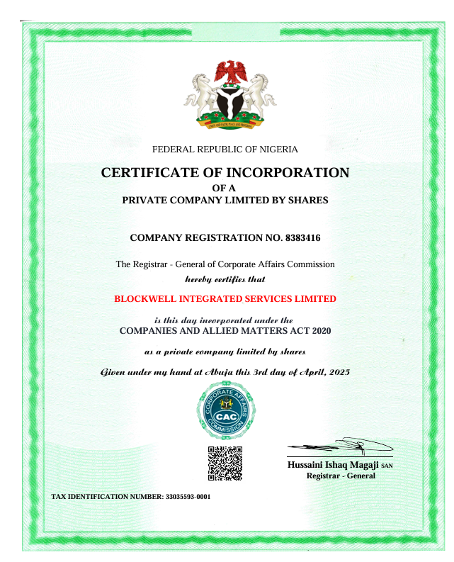 Blockwell CAC registration certificate