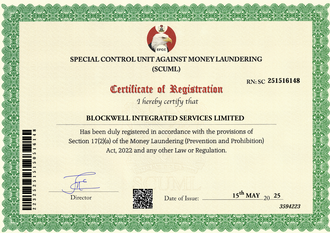 Blockwell SCUML registration certificate